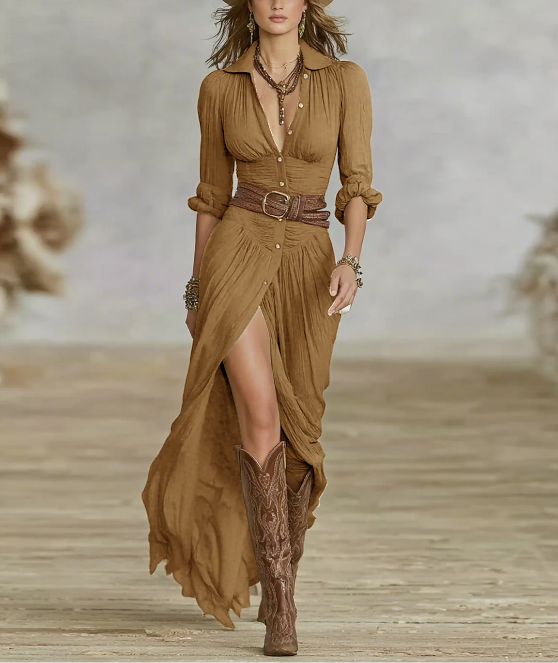 Carmen | Vestido Maxi de Lino con Cuello Invertido