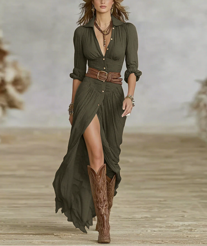 Carmen | Vestido Maxi de Lino con Cuello Invertido